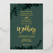 シック金ゴールドスクリプトタイポグラフィフローラ結婚グリーン 箔招待状 (正面)