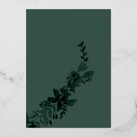 シック金ゴールドスクリプトタイポグラフィフローラ結婚グリーン 箔招待状 (裏面)