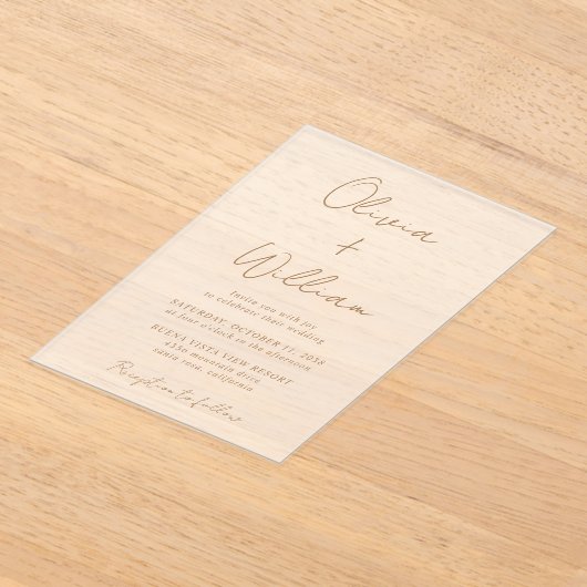 シック金ゴールドスクリプト結婚ミニマリスト アクリル招待状 (レイダウン)