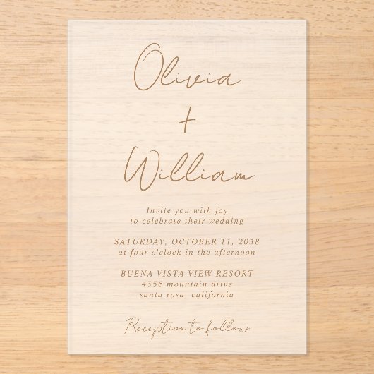 シック金ゴールドスクリプト結婚ミニマリスト アクリル招待状 (正面)