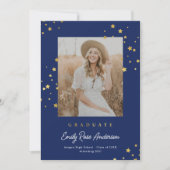 シック金ゴールドスターズブルー写真卒業発表 招待状 (正面)