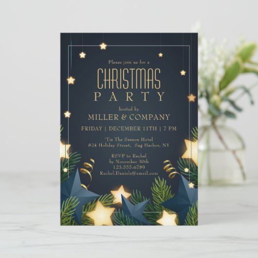 シック金ゴールドスターパイン企業のクリスマスパーティー 招待状 (スタンド正面)