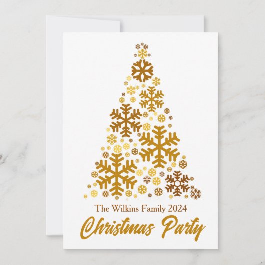 シック金ゴールドスノーフレークスクリスマスツリーパーティー 招待状 (正面)