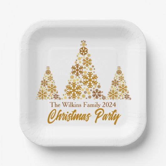 シック金ゴールドスノーフレークスクリスマスパーソナライズされたパーティー ペーパープレート (正面)
