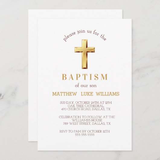 シック金ゴールドタイポグラフィクロスバプテスマ 招待状 (正面/裏面)