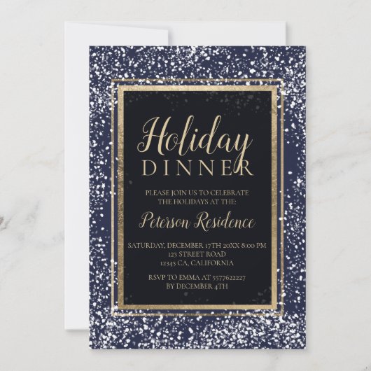 シック金ゴールドタイポグラフィスノーホリデーパーティー海軍 招待状 (正面)