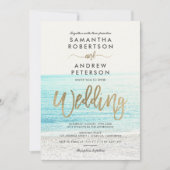 シック金ゴールドタイポグラフィビーチ結婚写真 招待状 (正面)