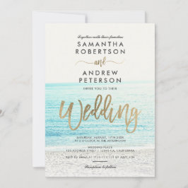 シック金ゴールドタイポグラフィビーチ結婚写真 招待状