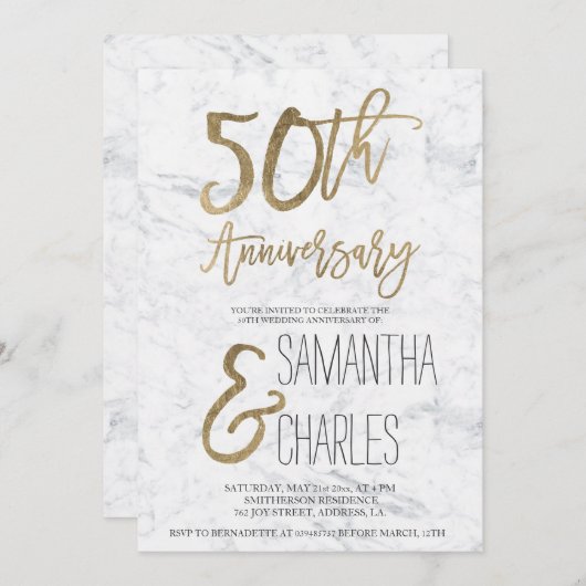 シック金ゴールドタイポグラフィホワイトマーブル50周年 招待状 (正面/裏面)