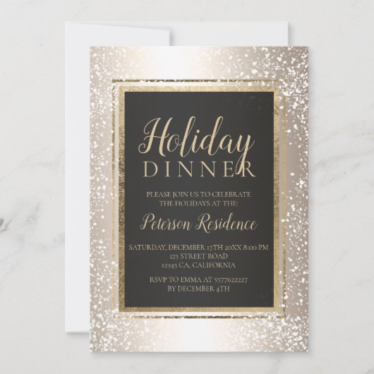 シック金ゴールドタイポグラフィ雪の休日パーティメタリック 招待状 (正面)