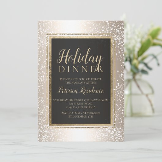 シック金ゴールドタイポグラフィ雪の休日パーティメタリック 招待状 (スタンド正面)