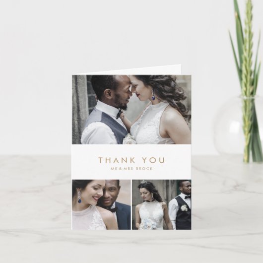 シック金ゴールドタイポグラフィ3フォトコラージュ サンキューカード (正面)