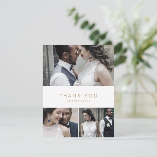 シック金ゴールドタイポグラフィ3フォトコラージュ サンキューカード (スタンド正面)