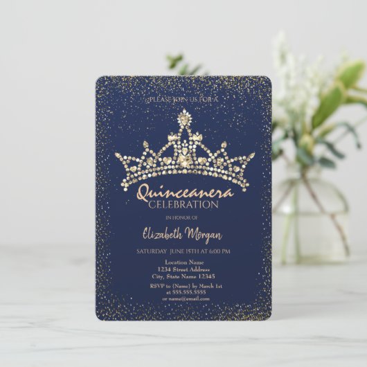 シック金ゴールドダイアモンズクラウンネイビーブルーキンセアニラ 招待状 (スタンド正面)