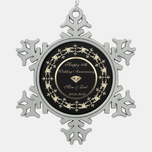 シック金ゴールドダイヤモンド結婚10周年 スノーフレークピューターオーナメント (正面)