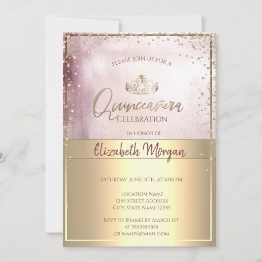 シック金ゴールドティアラダイヤモンドバラ金ゴールドキンセアニラ 招待状 (正面)