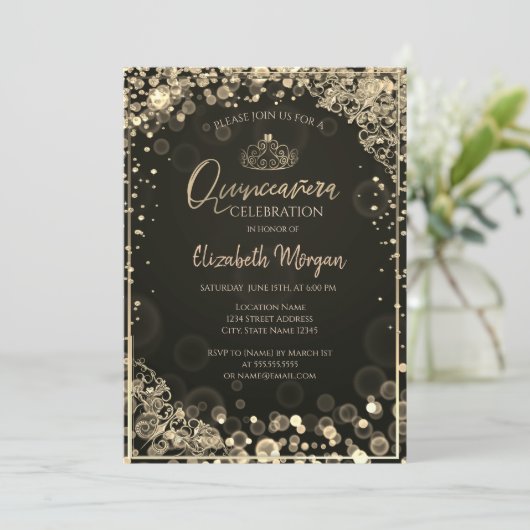 シック金ゴールドティアラ，ダイアモンズダーク《写真》ぼけ味クインセアニラ 招待状 (スタンド正面)