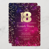 シック金ゴールドティアラ,ダイヤモンド18thバースデーパーティー 招待状 (正面/裏面)