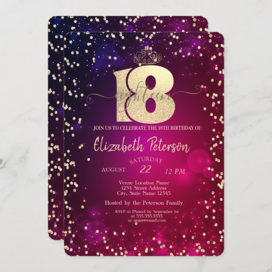 シック金ゴールドティアラ，ダイヤモンド18thバースデーパーティー 招待状 (正面/裏面)