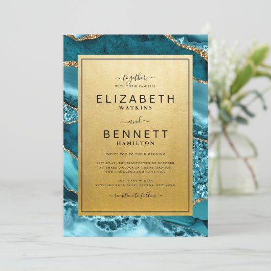 シック金ゴールドティール（緑がかった色）アゲート結婚式招待状 招待状 (スタンド正面)