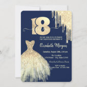 シック金ゴールドドリップスドレスネイビーブルー18誕生日 招待状 (正面)