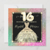 シック金ゴールドドレスグリッターカラフルスウィート16 招待状 (正面)