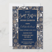 シック金ゴールドネイビーブルーフローライラストレーションスウィート16 招待状 (正面)