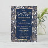 シック金ゴールドネイビーブルーフローライラストレーションスウィート16 招待状 (スタンド正面)