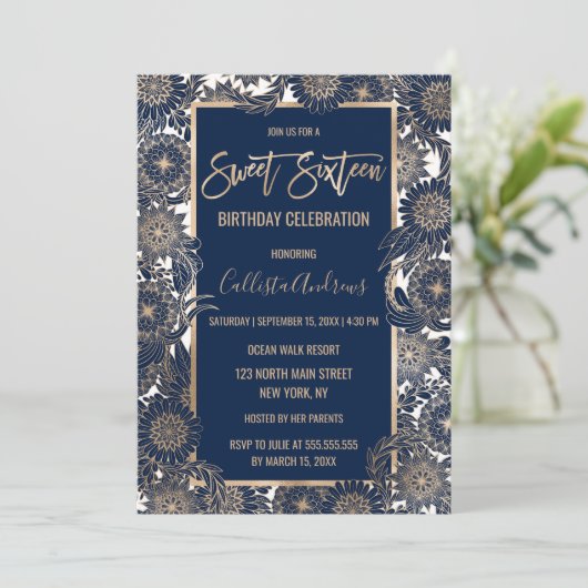 シック金ゴールドネイビーブルーフローライラストレーションスウィート16 招待状 (スタンド正面)