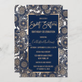 シック金ゴールドネイビーブルーフローライラストレーションスウィート16 招待状 (正面/裏面)