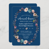 シック金ゴールドネイビーブルーホワイトフローラリハーサルディナー 招待状 (正面/裏面)