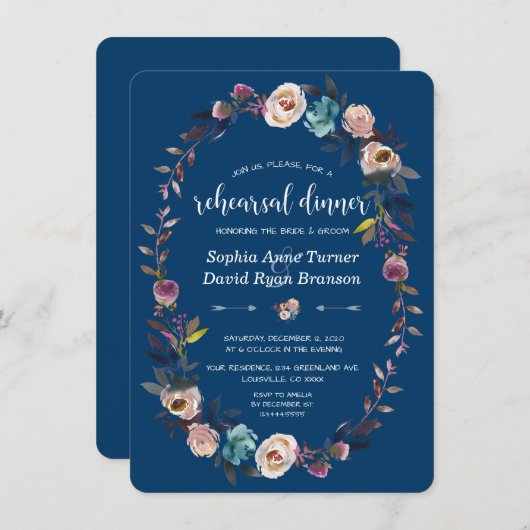 シック金ゴールドネイビーブルーホワイトフローラリハーサルディナー 招待状 (正面/裏面)