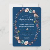 シック金ゴールドネイビーブルーホワイトフローラリハーサルディナー 招待状 (正面)