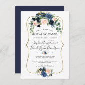 シック金ゴールドネイビーブルー赤面フラワーリハーサルディナー 招待状 (正面/裏面)