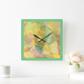 シック金ゴールドバタフライイエローターコイズ スクエア壁時計 (ホーム)