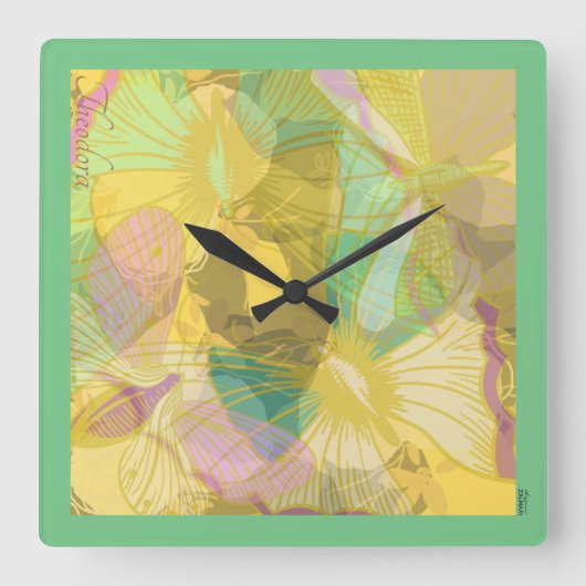 シック金ゴールドバタフライイエローターコイズ スクエア壁時計 (正面)