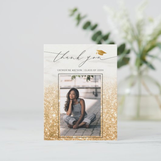 シック金ゴールドピンクグリッター卒業写真ありがとう ポストカード (スタンド正面)