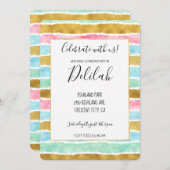 シック金ゴールドピンクミントブルーウォーターストライプカラー 招待状 (正面/裏面)