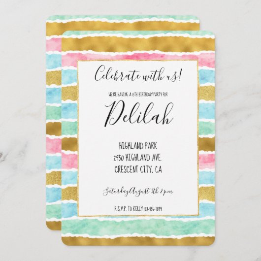 シック金ゴールドピンクミントブルーウォーターストライプカラー 招待状 (正面/裏面)