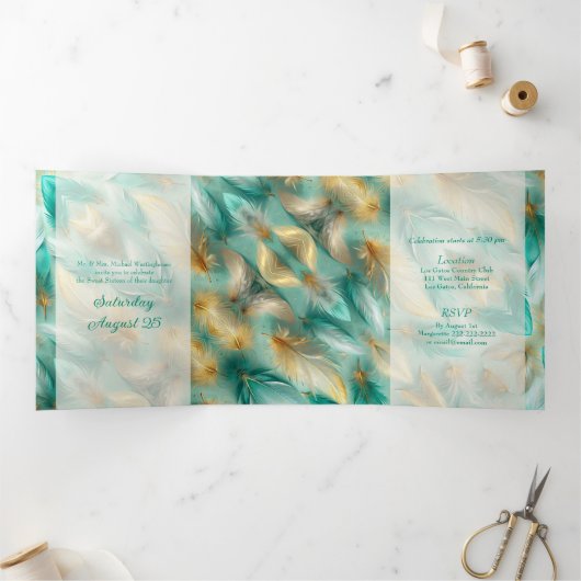 シック金ゴールドフェザーズスウィート16パーティの招待状 三つ折り招待状 (内部)