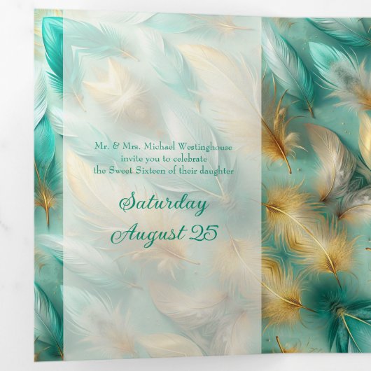 シック金ゴールドフェザーズスウィート16パーティの招待状 三つ折り招待状 (内部最初)