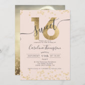 シック金ゴールドフォイル紙吹雪赤面スイート16写真 招待状 (正面/裏面)