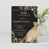 シック金ゴールドフラワーズグリッタードレスブライダルシャワー 招待状 (スタンド正面)