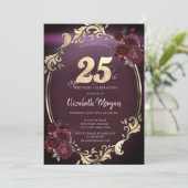 シック金ゴールドフレームバーガンディバラ25th誕生日 招待状 (スタンド正面)