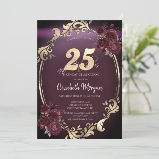 シック金ゴールドフレームバーガンディバラ25th誕生日 招待状 (スタンド正面)