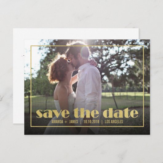 シック金ゴールドフレームフォトセーブ・ザ・デート案内 案内ポストカード (正面/裏面)