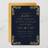 シック金ゴールドフローラフレームフォイル&ゴールデンダーク結婚ズ 招待状 (正面/裏面)