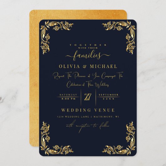 シック金ゴールドフローラフレームフォイル&ゴールデンダーク結婚ズ 招待状 (正面/裏面)
