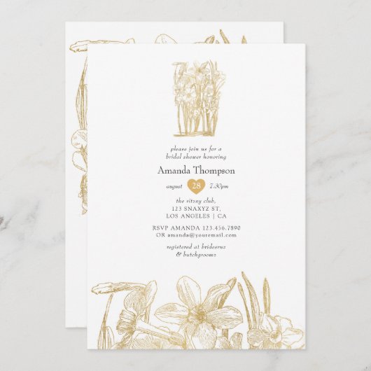 シック金ゴールドフローラブライダルシャワー 招待状 (正面/裏面)