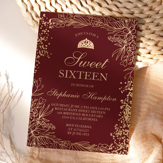 シック金ゴールドフローラブルガンディティアラシックスウィート16 招待状